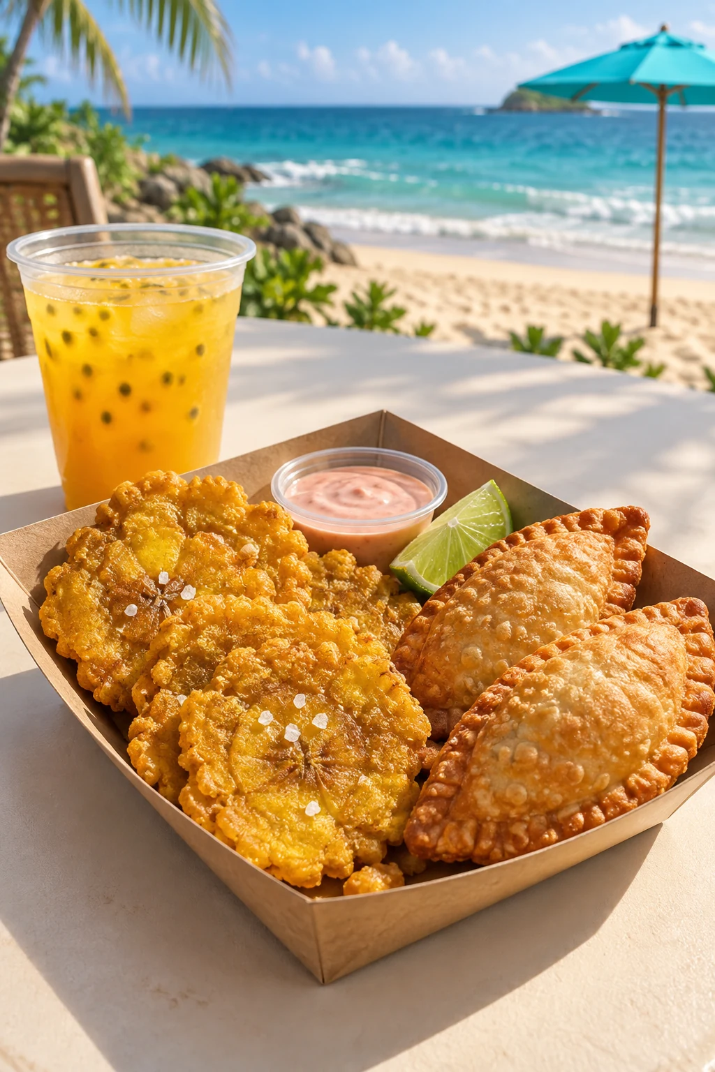 Golden empanadillas, tostones and a tropical drink beside turquoise water and a beach umbrella